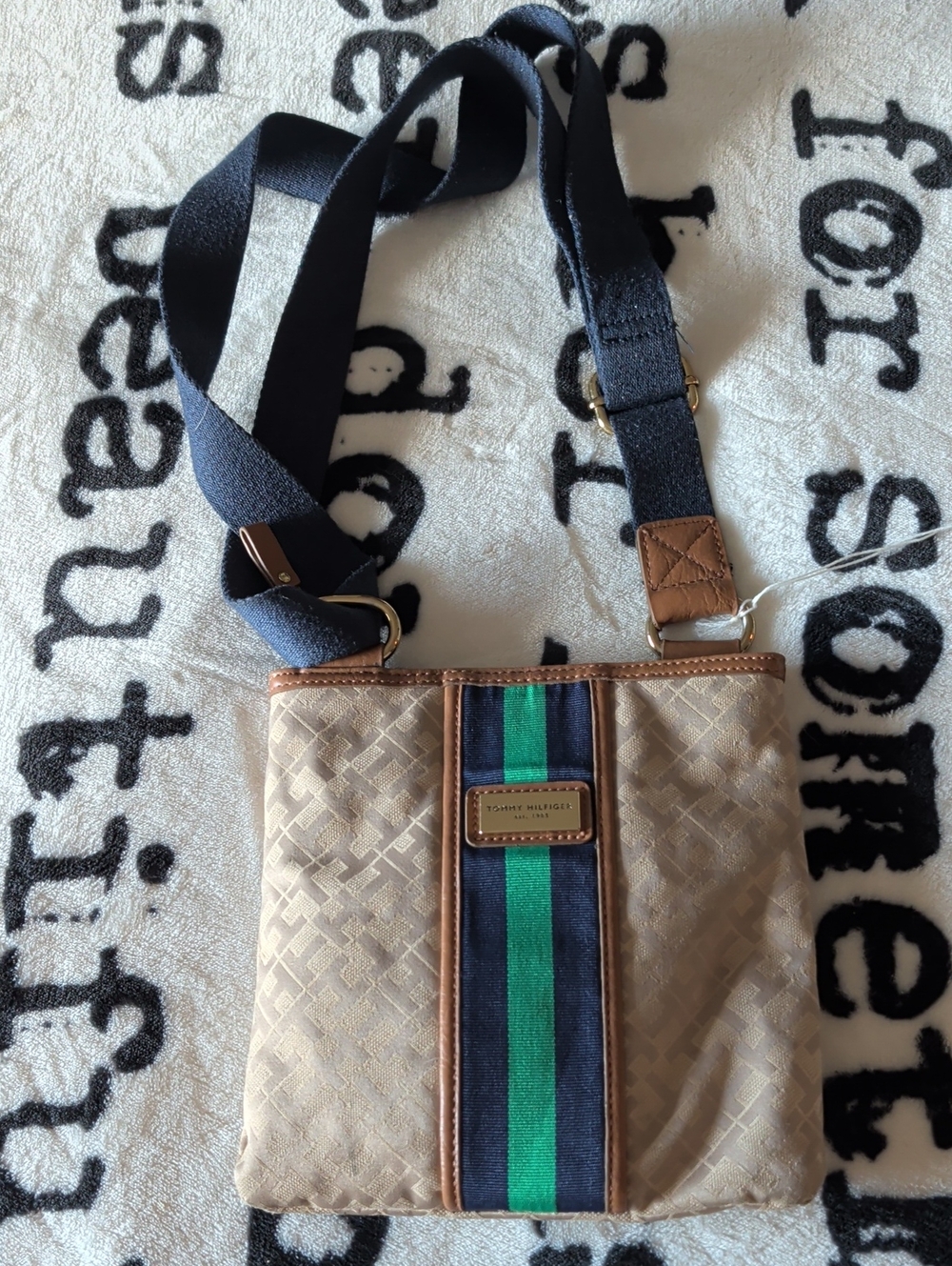 Tommy Hilfiger Beige Crossbody with Navy & Green Center Stripe